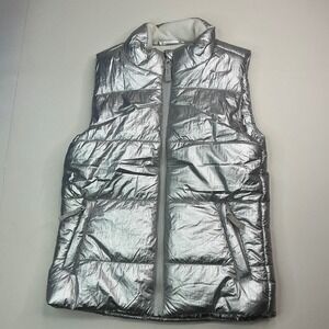 Amazon‎ Essentials Silver Puffer Vest Kids Size L 10 Metallic Fleece Lined Zip